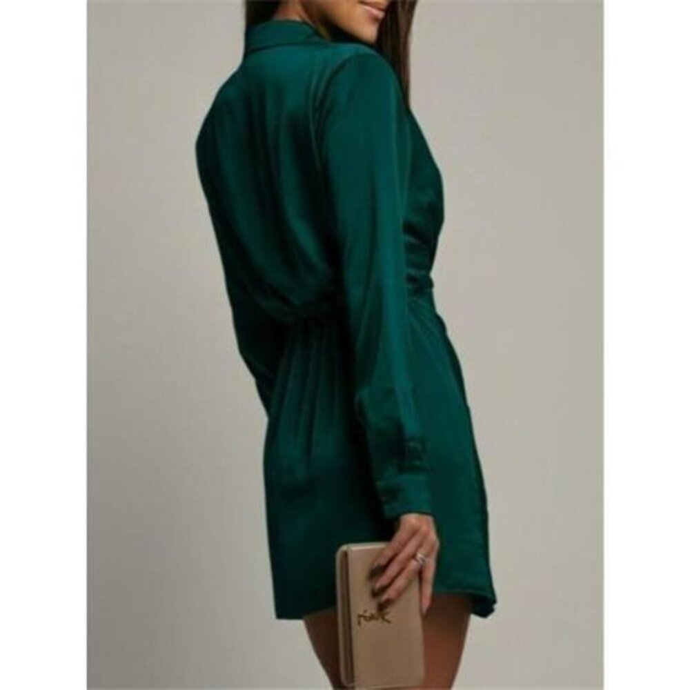 Collared Neck Long Sleeve Satin Dress - Picture 9 of 12